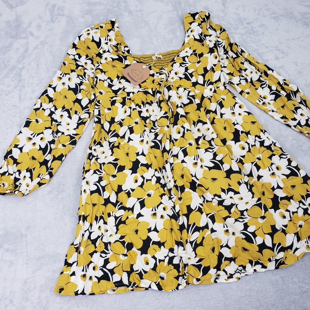 NWT Kori Floral‎ Babydoll Dress Long Sleeve Yellow White Black Women's S Loose